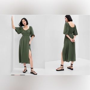 Brand New GAP Jungle Green Puffed Sleeve Smoked MIDI Dress